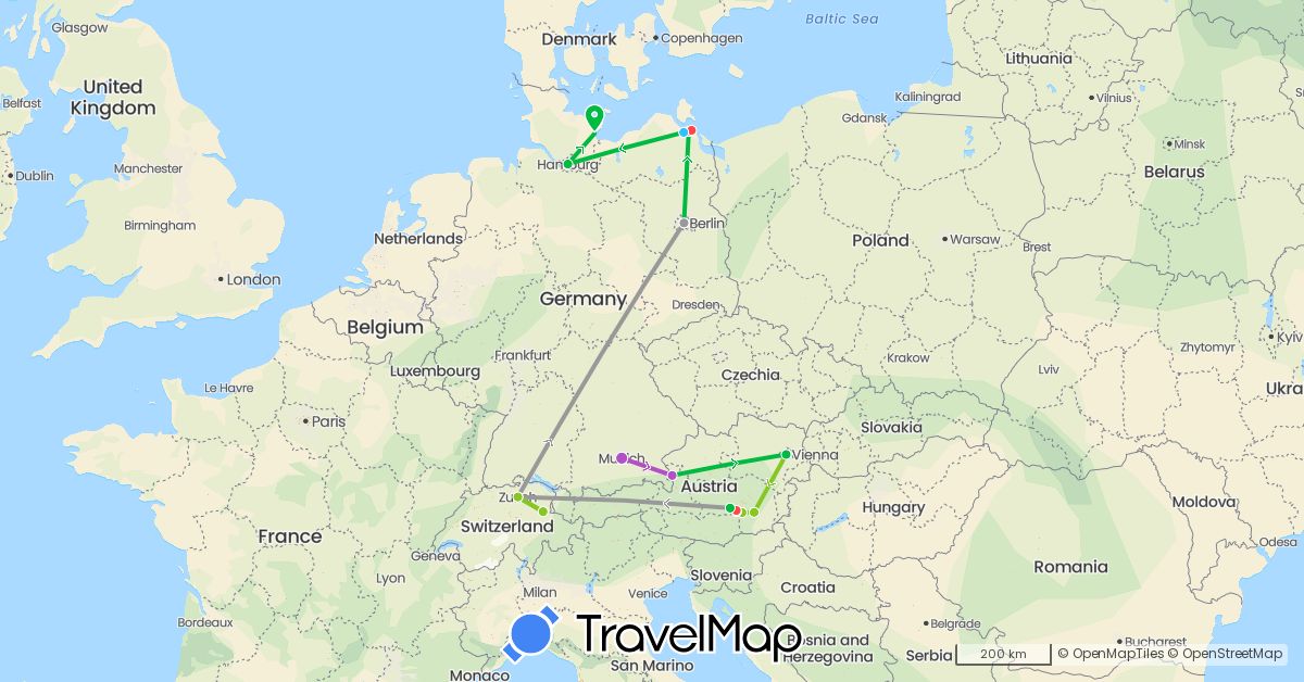 TravelMap itinerary: driving, bus, plane, train, hiking, boat, electric vehicle in Austria, Switzerland, Germany (Europe)